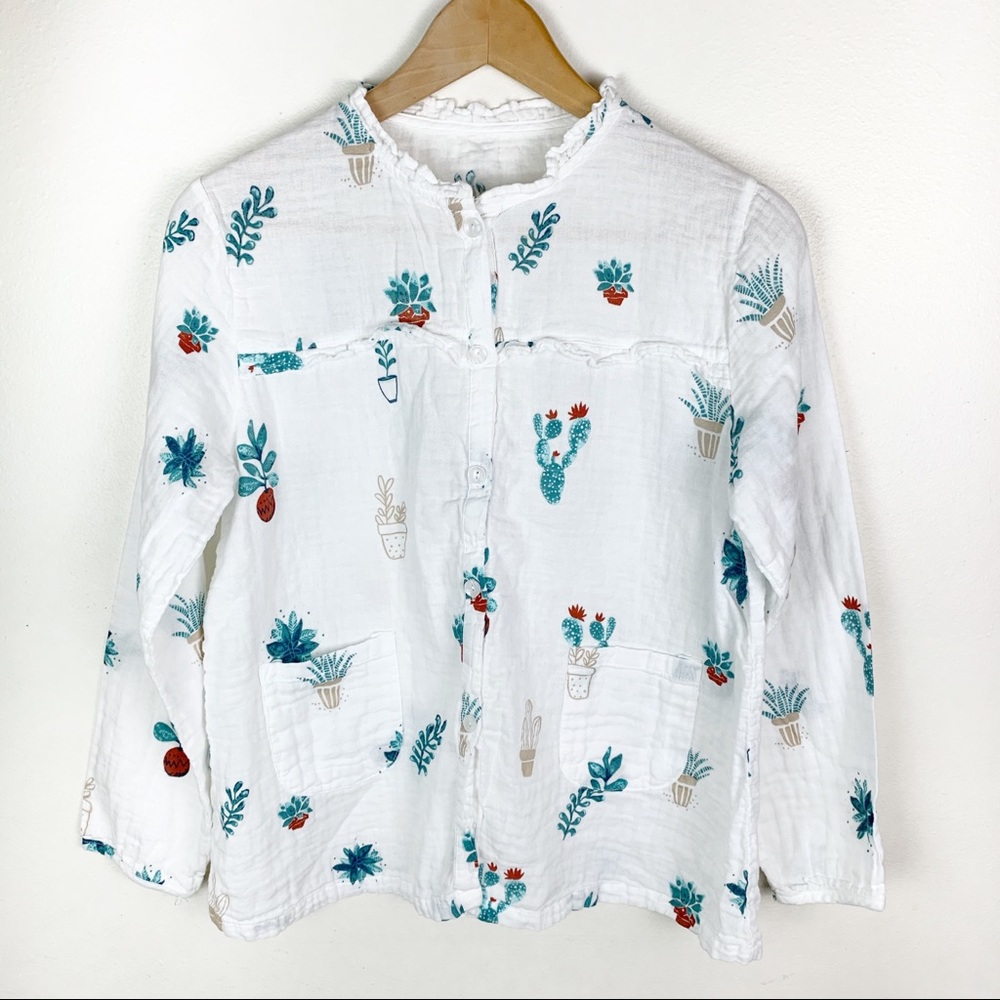 Succulent Print Button Up Long Sleeve White Blouse